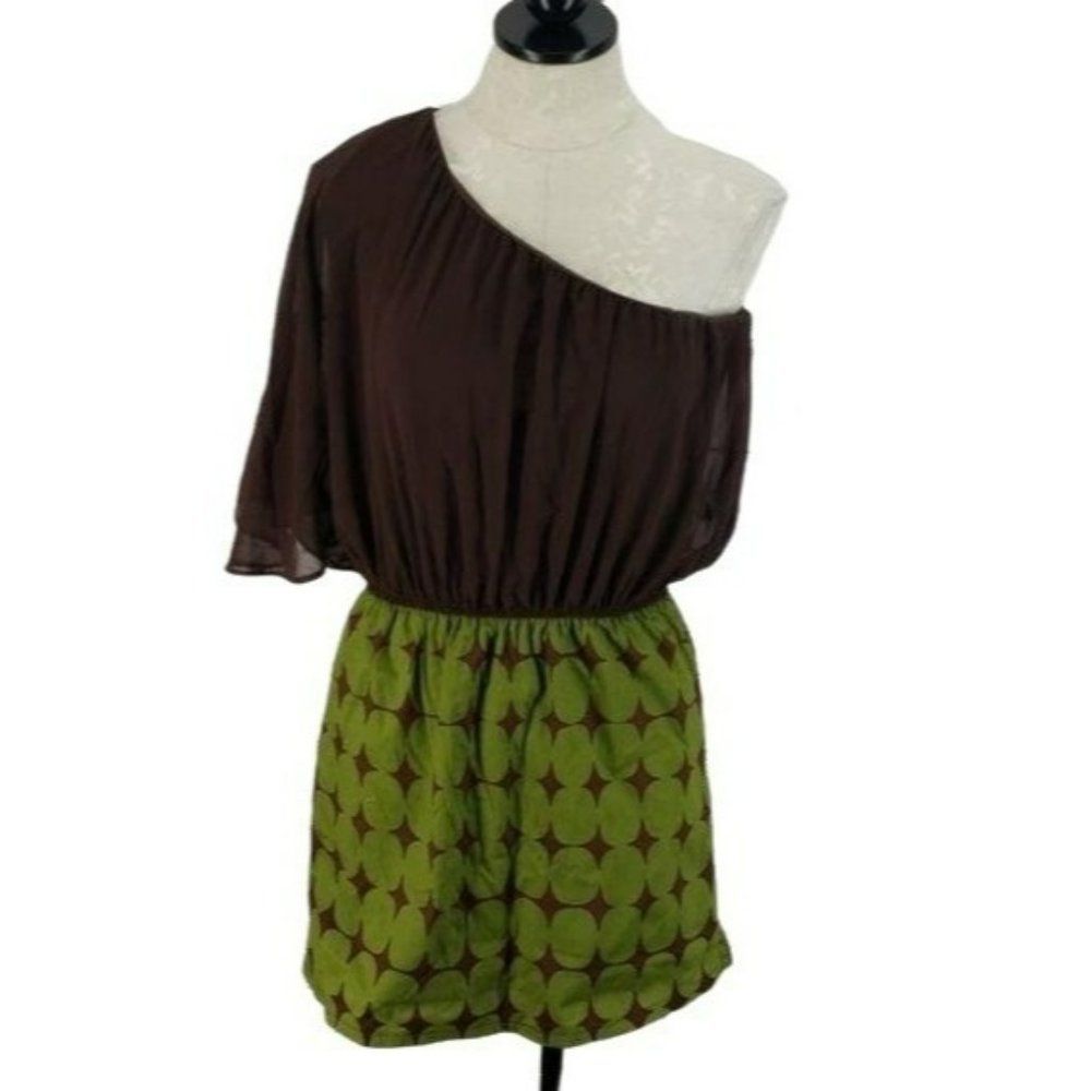 Judith March Women's Brown Green Two Toned One‎ Shoulder Mini Sheer Dress Large